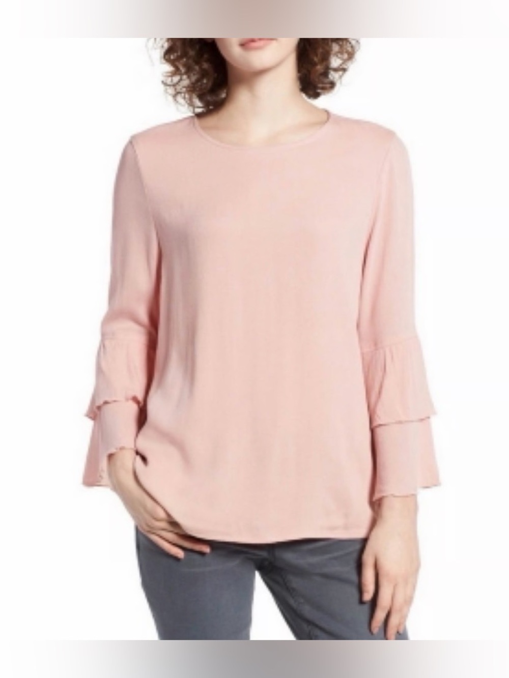Leith Dusky Pink Tiered Bell Sleeve Keyhole Top XS Crepe Ruffle Blouse Romantic